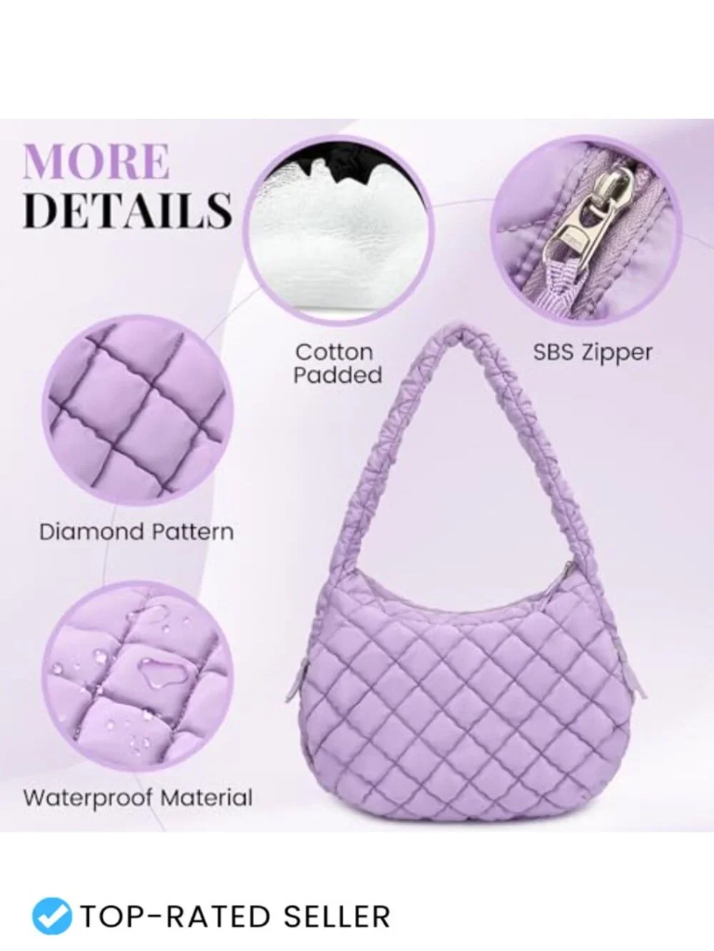 Large Quilted Puffer Tote Bag with Zipper, Nylon Waterproof Lightweight Carryall